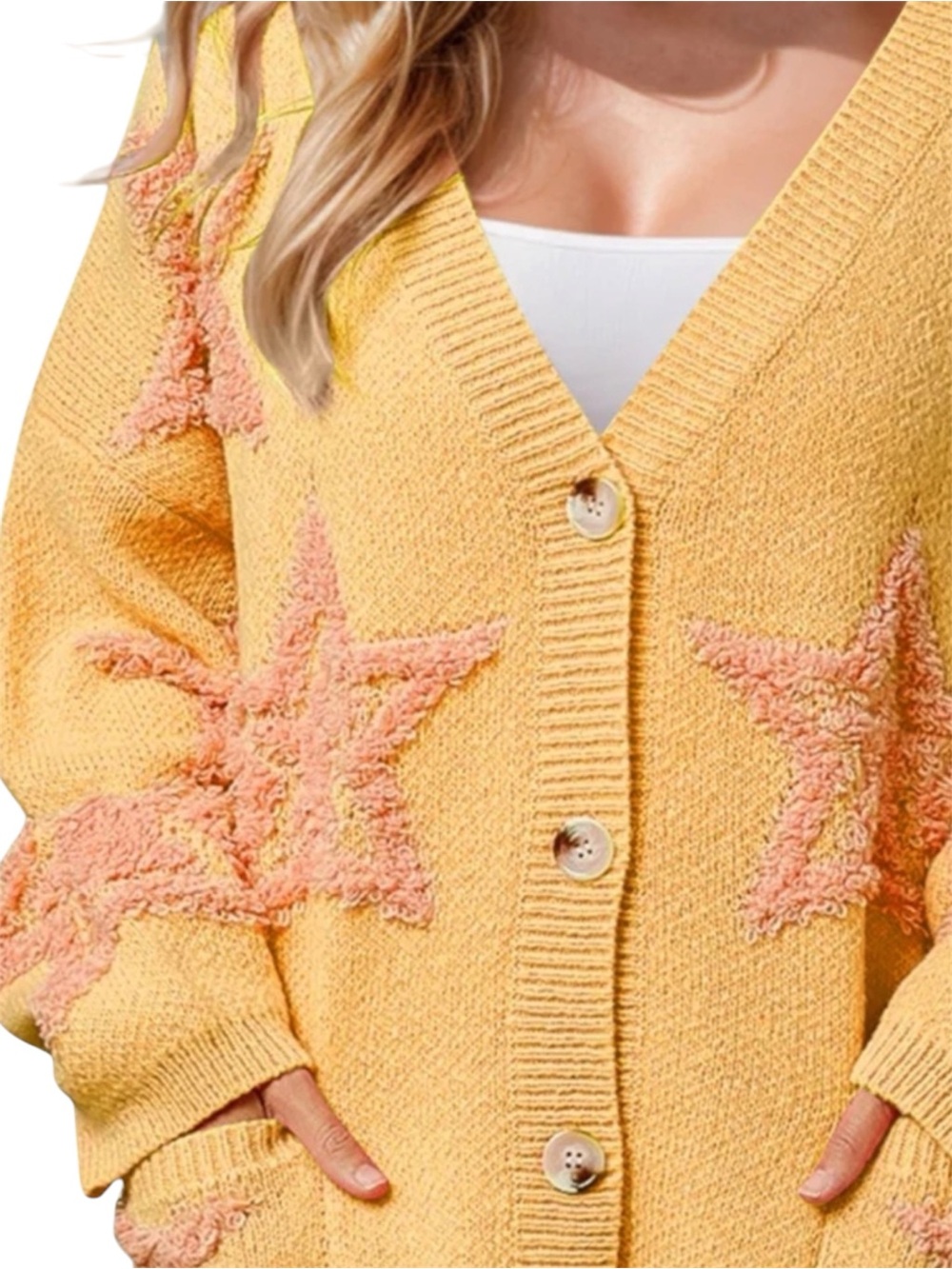 Double Take Yellow Button Up Star Pattern Cardigan